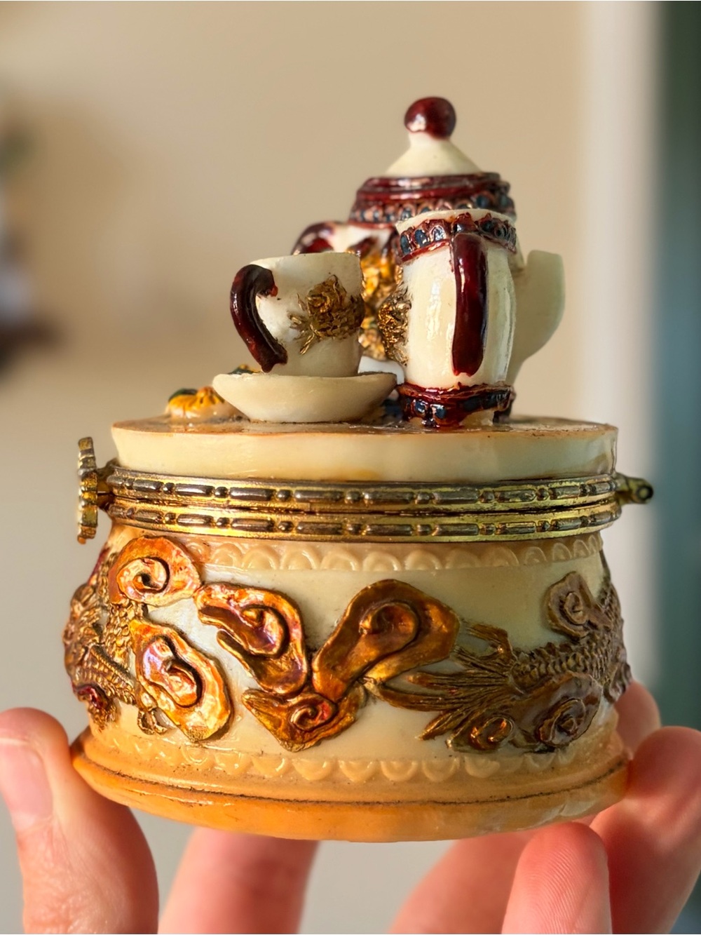Miniature Tea Set Trinket Box - Cream & Burgundy Accents - Picture 2 of 6
